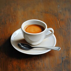 Fototapeta premium A detailed shot of an espresso cup placed on a saucer, with a teaspoon resting beside it, on a caf-style wooden table