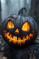 Haunted forest path with glowing pumpkins and mist sets the stage for a Halloween adventure