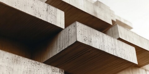 Close-up view of modern architectural detail, showing the intersection of concrete materials in a layered design. Brutalist architecture, minimalist geometric composition of concrete blocks.