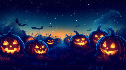 a Halloween vector background with a pumpkin patch bathed in the glow of jack-o'-lanterns and a starry night sky