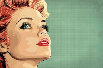 A Vintage-Style Portrait of a Woman with Red Hair and Bold Makeup