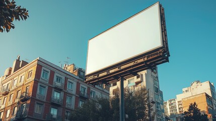 Obraz premium Empty billboard against a clear blue sky in an urban setting