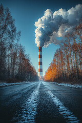 A large red and white chimney is spewing smoke into the air