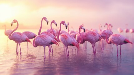 Obraz premium A flock of flamingos standing in shallow water, their pink feathers glowing in the soft morning light.