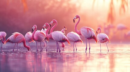 Fototapeta premium A flock of flamingos standing in shallow water, their pink feathers glowing in the soft morning light.