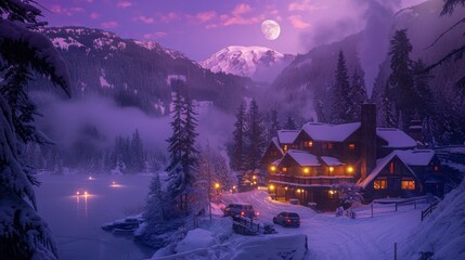 Fototapeta premium A beautiful mountain landscape with a house and a lake