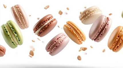 Fototapeta premium Floating Assorted Macarons with Crumbs on White Background