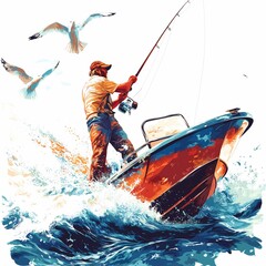 Naklejka premium A determined fisherman casts his line into the vibrant waters, surrounded by splashing waves and soaring gulls, capturing the spirit of adventure and the thrill of the catch in nature's embrace.