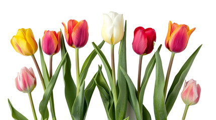 Obraz premium Tulips flower with leaves isolated on transparent background, png