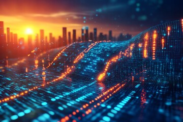 Fototapeta premium Futuristic city skyline with glowing data pathways illustrating advanced telecommunication systems smart city infrastructure and the flow of digital information