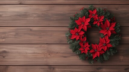 A festive red poinsettia wreath is displayed against a rustic wooden background, perfect for holiday decoration.