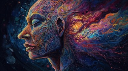 Obraz premium A colorful, surreal representation of a human head with vibrant patterns.