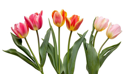Fototapeta premium Tulips flower with leaves isolated on transparent background, png