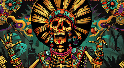 Obraz premium Colorful Skull with Feathers Illustration
