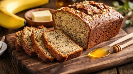 A fresh loaf of banana bread sliced and arranged on a wooden board, with a side of butter and honey.