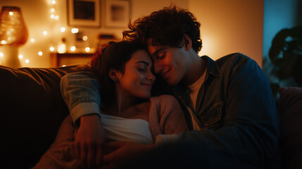 Affectionate couple sitting closely on a cozy sofa sharing a warm moment together in a softly lit intimate setting
