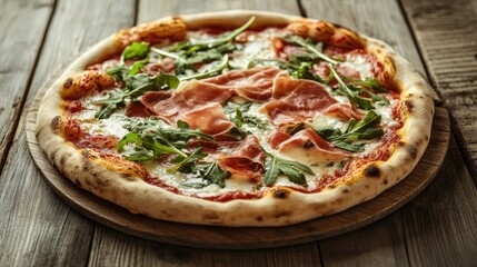 A freshly baked pizza with melted cheese, topped with arugula and prosciutto, on a rustic wooden table.