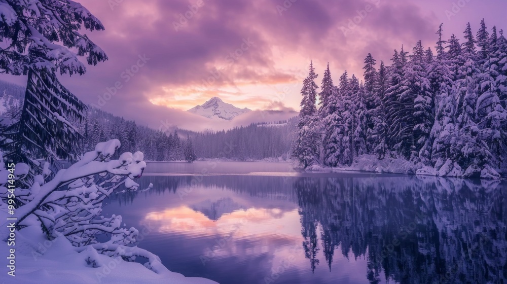 Poster a snowy landscape with a lake and trees in the background