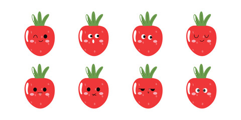 set of kawaii strawberry emoticon sticker isolated on white background. strawberry cute expression face