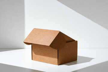 An open cardboard box rests on a bright white surface with soft shadows highlighting its edges and structure in natural light