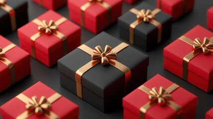 A collection of beautifully wrapped black and red gift boxes with elegant golden bows, arranged aesthetically on a dark surface.