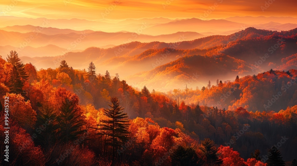 Poster a beautiful autumn landscape with trees in the foreground