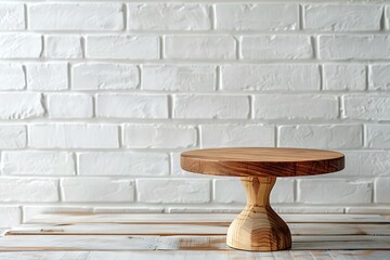 Wooden product stand on white brick wall background