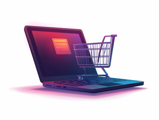 Flat Floating Laptop with Holographic Shopping Cart & Cyber Monday Sale Banner - Modern Tech Shopping Theme Vector Illustration