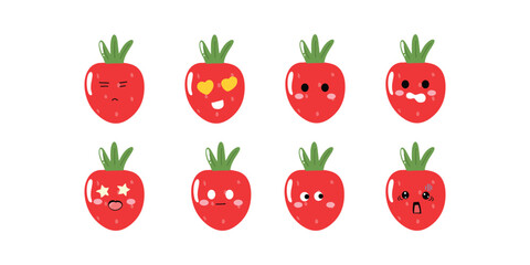 set of kawaii strawberry emoticon sticker isolated on white background. strawberry cute expression face