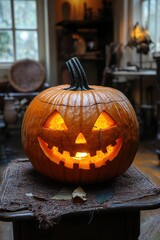 Obraz premium Haunted jack-o’-lanterns flicker with an eerie glow in the misty pumpkin patch, lighting the path