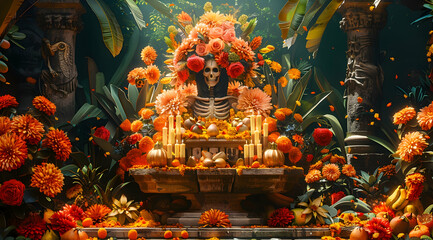 Fototapeta premium 3D Illustration of a Skull Adorned with Flowers and Candles in a Lush Garden