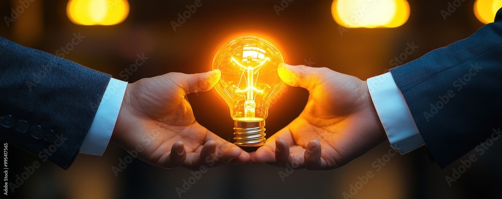 Wall mural hands exchanging a glowing light bulb symbolizing the sharing of ideas, innovation, and teamwork in 