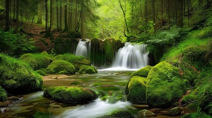 Obraz premium Tranquil forest park with petite waterfall in autumn mossy rocks by stream serene scenery