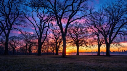 Trees outlines in urban park at sunset under striking twilight sky