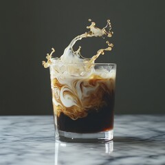 A glass of iced cold brew coffee with a splash of milk, swirling into the dark liquid, set on a marble surface
