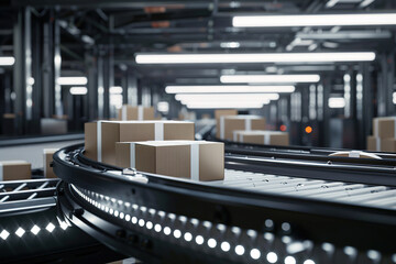 Cardboard boxes on conveyor belt in a large distribution warehouse with no people and well illuminated. Storage and logistics concept