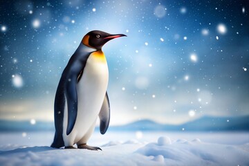 Obraz premium Penguin standing in snowy landscape with falling snowflakes