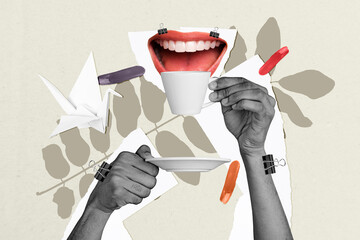 Creative poster collage human face fragments mouth teeth smile drink coffee cup mug cafe restaurant order hands surreal concept
