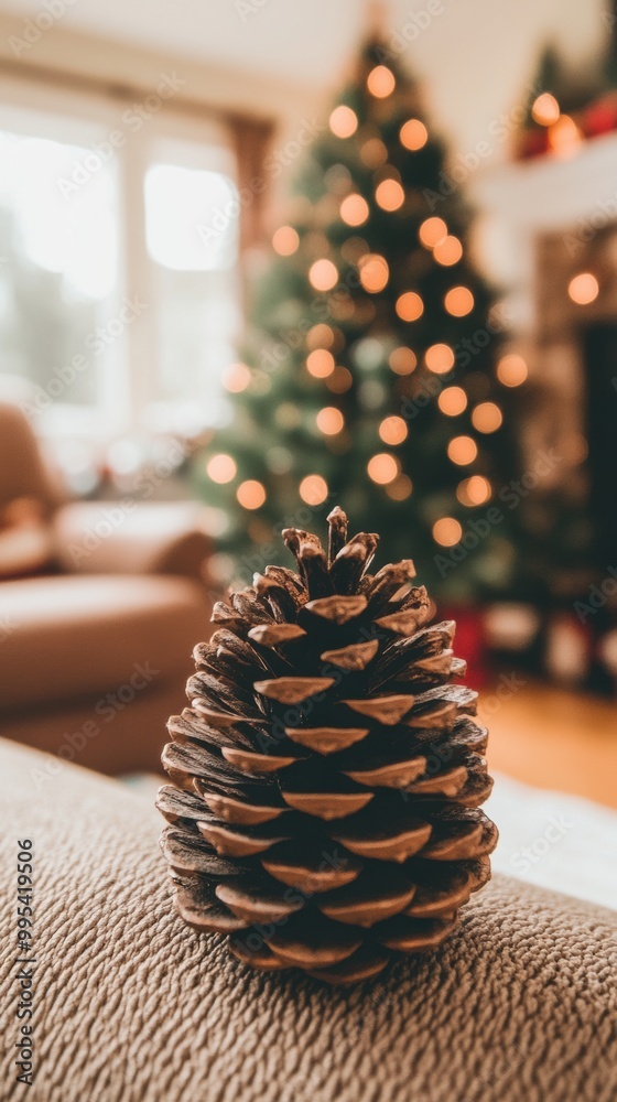 Poster A pine cone sitting on top of a couch next to a christmas tree