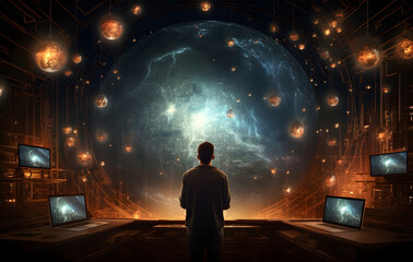 The man stands with his back turned, and in front of him is another dimension.