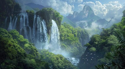 Waterfall in a dense forest atop a mountain
