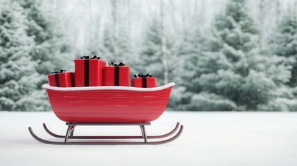 A red sleigh filled with presents sits on a snowy landscape, surrounded by frosted evergreen trees, evoking a festive winter atmosphere.
