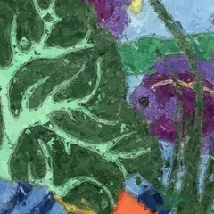 Oil paintings and various flowers, such as spotted deer, tropical leaves, lotus leaves, lotus flowers, and fish