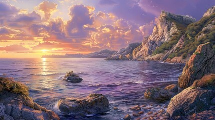 Warm sea view with rocky coast at sunset
