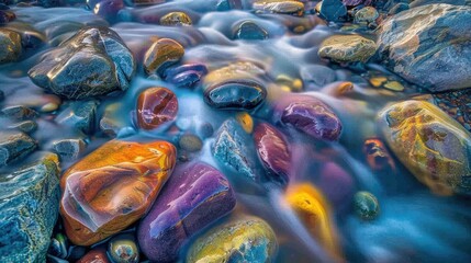 Vibrant stones in a flowing waterway