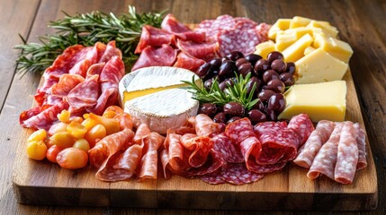 A gourmet charcuterie board featuring a variety of cheeses, cured meats, olives, and fresh fruits.
