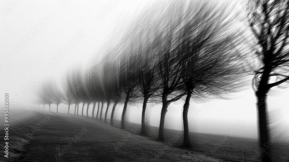 Wall mural trees in motion captured in monochrome landscape