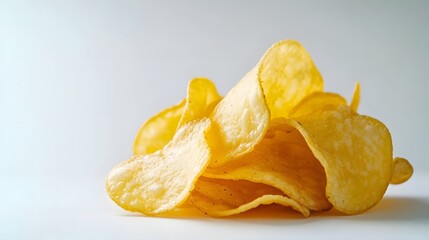 A close-up shot of a pile of crispy potato chips on a white background.