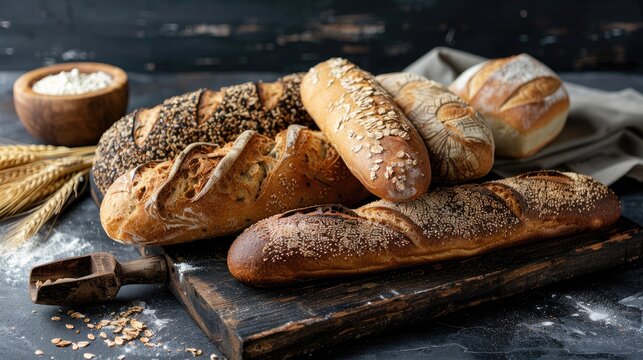 Variety of fresh baked bread on rustic table French bread and healthy unleavened options