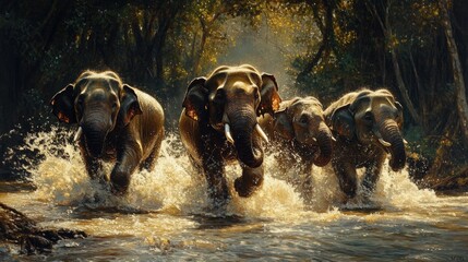A group of elephants crossing a river, with water splashing around their legs as they move.
